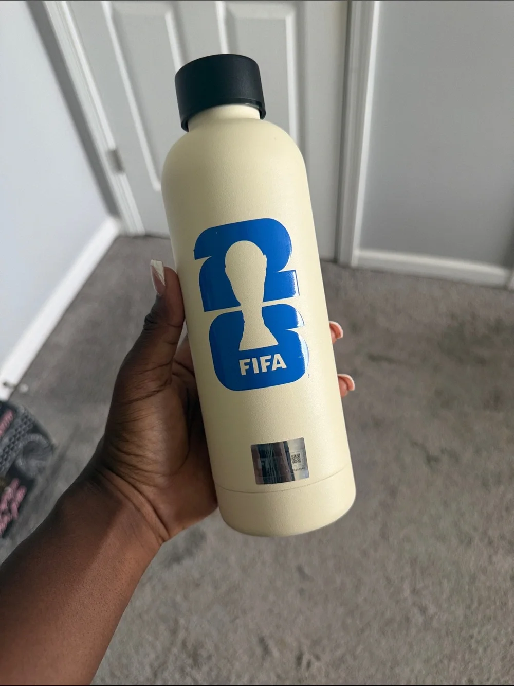 FIFA Branded Cream Steel Water Bottle with Blue Logo